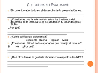 CUESTIONARIO EVALUATIVO
  El contenido abordado en el desarrollo de la presentación es:
_____________________________________________________
_________________________________________
 ¿Consideras que la información sobre los trastornos del
   desarrollo de la infancia te es de utilidad en tu labor docente?
   Si, No
¿Por qué?
_____________________________________________________
_________________________________________
 ¿Como calificarías la ponencia?
                 Excelente Buena Regular Mala
 ¿Encuentras utilidad en los apartados que maneja el manual?
Si      No ¿Por qué?:
_____________________________________________________
_____________________________________________________
________
 ¿Qué otros temas te gustaría abordar con respecto a las NEE?
_____________________________________________________
_____________________________________________________
____________________________
 