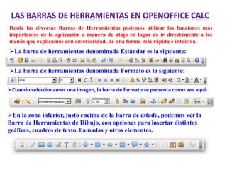 Desde las diversas Barras de Herramientas podemos utilizar las funciones más
importantes de la aplicación a manera de atajo en lugar de ir directamente a los
menús que explicamos con anterioridad, de una forma más rápida e intuitiva.
La barra de herramientas denominada Estándar es la siguiente:
La barra de herramientas denominada Formato es la siguiente:
Cuando seleccionamos una imagen, la barra de formato se presenta como ves aquí:
En la zona inferior, justo encima de la barra de estado, podemos ver la
Barra de Herramientas de Dibujo, con opciones para insertar distintos
gráficos, cuadros de texto, llamadas y otros elementos.
 