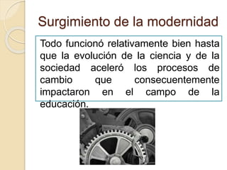 Surgimiento de la modernidad
Todo funcionó relativamente bien hasta
que la evolución de la ciencia y de la
sociedad aceleró los procesos de
cambio que consecuentemente
impactaron en el campo de la
educación.
 