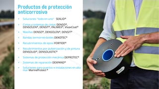 • Soluciones "todo en uno" SEALID®
• Cintas y sistemas de cintas DENSO®,
DENSOLEN®, DENSIT®, PALIMEX®, VivaxCoat®
• Masillas DENSO®, DENSOLEN®, DENSIT®
• Bandas termorretráctiles DEKOTEC®
• Recubrimientos de epoxi FORTIDE®
• Recubrimientos por pulverización y de pintura
DENSOLID®, DENSOLASTIC®
• Sistemas de protección mecánica DEPROTEC®
• Sistemas de reparación DEXPAND®
• Soluciones para puertos e instalaciones en alta
mar MarineProtect ®
 