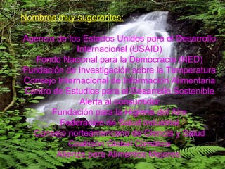 Nombres muy sugerentes: Agencia de los Estados Unidos para el Desarrollo Internacional (USAID) Fondo Nacional para la Democracia (NED) Fundación de Investigación sobre la Temperatura Consejo Internacional de Información Alimentaria Centro de Estudios para el Desarrollo Sostenible Alerta al consumidor Fundación para la Higiene del Aire Federación de Salud Industrial Consejo norteamericano de Ciencia y Salud Coalición Global Climática Alianza para Alimentos Mejores. 