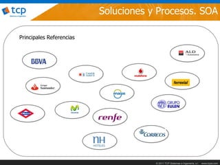 Soluciones y Procesos. SOA

Principales Referencias




                                      © 2011 TCP Sistemas e Ingeniería, s.l.   www.tcpsi.com
 
