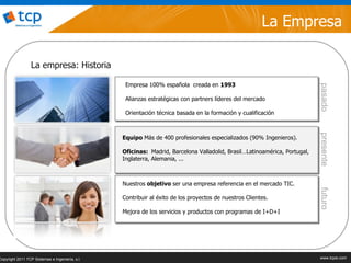 La Empresa

                  La empresa: Historia

                                                  Empresa 100% española creada en 1993




                                                                                                                                            pasado
                                                  Alianzas estratégicas con partners líderes del mercado

                                                  Orientación técnica basada en la formación y cualificación




                                                                                                                                            presente
                                                 Equipo Más de 400 profesionales especializados (90% Ingenieros).

                                                 Oficinas: Madrid, Barcelona Valladolid, Brasil…Latinoamérica, Portugal,
                                                 Inglaterra, Alemania, ...



                                                 Nuestros objetivo ser una empresa referencia en el mercado TIC.




                                                                                                                                            futuro
                                                 Contribuir al éxito de los proyectos de nuestros Clientes.

                                                 Mejora de los servicios y productos con programas de I+D+I




Copyright 2011 TCP Sistemas e Ingeniería, s.l.                                                                                              www.tcpsi.com
                                                                                                   © 2011 TCP Sistemas e Ingeniería, s.l.   www.tcpsi.com
 