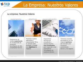 La Empresa: Nuestros Valores
La empresa: Nuestros Valores

   experiencia               objetivos         especialización                 partners




  Disponemos de           Ponemos nuestra       Disponemos                Tenemos acuerdos
  amplia experiencia      estructura y          servicios de              tecnológicos con los
  en el desarrollo de     conocimiento TIC a    consultoría y             mejores partners
  proyectos               su servicio para      asesoría técnica          del mercado para
  tecnológicos de alta    ayudarle a cumplir    muy focalizados           incorporar
  complejidad técnica.    sus objetivos de      para responder a las      conocimiento
                          negocio.              expectativas              técnico y de negocio
                                                Tecnológicas de
                                                nuestros clientes.




                                                                       © 2011 TCP Sistemas e Ingeniería, s.l.   www.tcpsi.com
 