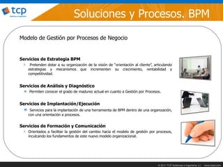 Soluciones y Procesos. BPM
Modelo de Gestión por Procesos de Negocio


Servicios de Estrategia BPM
     Pretenden dotar a su organización de la visión de “orientación al cliente”, articulando
    estrategias y mecanismos que incrementen su crecimiento, rentabilidad y
    competitividad.


Servicios de Análisis y Diagnóstico
    Permiten conocer el grado de madurez actual en cuanto a Gestión por Procesos.


Servicios de Implantación/Ejecución
     Servicios para la implantación de una herramienta de BPM dentro de una organización,
    con una orientación a procesos.


Servicios de Formación y Comunicación
    Orientados a facilitar la gestión del cambio hacía el modelo de gestión por procesos,
    inculcando los fundamentos de este nuevo modelo organizacional.




                                                                                   © 2011 TCP Sistemas e Ingeniería, s.l.   www.tcpsi.com
 