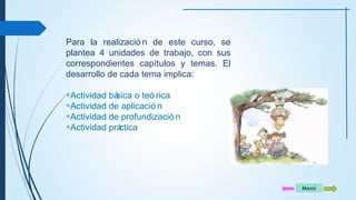 Para la realizació n de este curso, se 
plantea 4 unidades de trabajo, con sus 
correspondientes capítulos y temas. El 
desarrollo de cada tema implica: 
*Actividad básica o teó rica 
*Actividad de aplicació n 
*Actividad de profundizació n 
*Actividad práctica 
Menú 
 