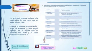 1. Relaciono los conceptos con sus respectivas definiciones, señalando en el paréntesis 
el número del enunciado que corresponda. 
1. CUADRO ( ) Forma de lenguaje dramático donde el personaje entabla una 
Menú 
conversación consigo mismo. 
2. RELACIÓN 
3. ACOTACIONES ( ) Etapa de la acción donde se da a conocer el protagonista y el 
antagonista del conflicto dramático. 
( ) Tipo de lenguaje dramático donde un personaje comenta o da a conocer 
hechos que el público no ha presenciado en el escenario. 
5. DRAMA ( ) Ambientación escenográfica. 
6. DESENLACE ( ) Fase de la acción dramática que culmina en el clímax. 
7. MONÓLOGO ( ) Principal forma de lenguaje usado en una obra dramática. 
8. APARTE ( ) Género dramático nacido en Grecia a partir de las fiestas rituales en 
honor al dios Dionisio. 
9. COMEDIA ( ) Género dramático que mezcla los aspectos serios y trascendentes de la 
vida con los cotidianos. 
10. PRESENTACIÓN ( ) Etapa de la acción dramática donde el conflicto se resuelve. 
11. DESARROLLO ( ) Forma de lenguaje dramático donde un personaje hace un comentario, 
dirigido al público, que se supone ninguno de los personajes 
presentes en el escenario escucha. 
12. DIÁLOGO ( ) Indicaciones entregadas por el hablante dramático donde especifica los 
movimientos de los actores, su tono de voz, ambientación, etc. 
13. TRAGEDIA ( ) Tipo de obra destinada a hacer reír al público. 
La actividad practica conlleva a la 
realización de una tarea, que se 
desarrolla en clase. 
Esta es la primera parte del taller, 
dada la extensión y para mejor 
manejo, en la pagina solo se 
muestra una parte y el taller 
completo se ubica en el 
Centro de Actividades y 
Recursos Clic en la imagen para 
seguir el vínculo 
 