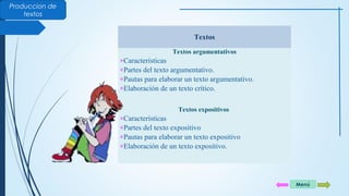 Produccion de 
textos 
Textos 
Textos argumentativos 
*Características 
*Partes del texto argumentativo. 
*Pautas para elaborar un texto argumentativo. 
*Elaboración de un texto crítico. 
Textos expositivos 
*Características 
*Partes del texto expositivo 
*Pautas para elaborar un texto expositivo 
*Elaboración de un texto expositivo. 
Menú 
 