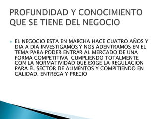    EL NEGOCIO ESTA EN MARCHA HACE CUATRO AÑOS Y
    DIA A DIA INVESTIGAMOS Y NOS ADENTRAMOS EN EL
    TEMA PARA PODER ENTRAR AL MERCADO DE UNA
    FORMA COMPETITIVA CUMPLIENDO TOTALMENTE
    CON LA NORMATIVIDAD QUE EXIGE LA REGULACION
    PARA EL SECTOR DE ALIMENTOS Y COMPITIENDO EN
    CALIDAD, ENTREGA Y PRECIO
 
