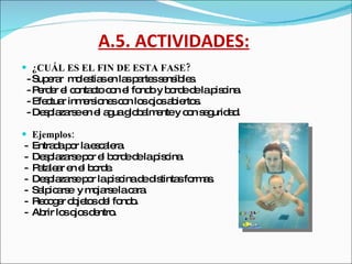 A.5. ACTIVIDADES:   ¿CUÁL ES EL FIN DE ESTA FASE? - Superar  molestias en las partes sensibles. - Perder el contacto con el fondo y borde de la piscina. - Efectuar inmersiones con los ojos abiertos. - Desplazarse en el agua globalmente y con seguridad. Ejemplos:  - Entrada por la escalera.  - Desplazarse por el borde de la piscina. -  Patalear en el borde.  - Desplazarse por la piscina de distintas formas. - Salpicarse  y mojarse la cara. - Recoger objetos del fondo. - Abrir los ojos dentro. 