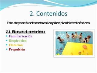 2. Contenidos Esta etapa se fundamenta en los principios hidrodinámicos. 2.1. Bloques de contenidos:  Familiarización Respiración Flotación Propulsión   