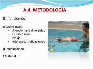 A.4. METODOLOGÍA   En función de:  Grupo-clase.  Atención a la diversidad Curso o nivel Nº @ Intereses, motivaciones Instalaciones. Material. 