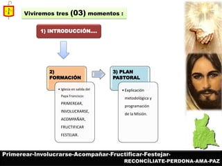 Viviremos tres (03) momentos : 
2) FORMACIÓN 
•Iglesia en salida del Papa Francisco: PRIMEREAR, INVOLUCRARSE, ACOMPAÑAR, FRUCTIFICAR FESTEJAR. 
3) PLAN PASTORAL 
•Explicación metodológica y programación de la Misión. 
1) INTRODUCCIÓN…. 
Primerear-Involucrarse-Acompañar-Fructificar-Festejar- 
RECONCÍLIATE-PERDONA-AMA-PAZ  