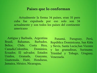 Países que lo conforman
Antigua y Barbuda, Argentina
Brasil, Bahamas, Barbados,
Belice, Chile, Costa Rica,
Canadá,Colombia, Dominica,
Ecuador, El salvador, Estados
Unidos, Granada, Guayana,
Guatemala, Haití, Honduras,
Jamaica, México, Nicaragua,
Panamá, Paraguay, Perú,
República Dominicana, San Kits
y Nevis, Santa Lucia,San Vicente
y las granadinas, Suriname,
Trinidad y Tobago, Uruguay,
Venezuela.
Actualmente la forma 34 países, eran 35 pero
cuba fue expulsada por eso solo son 34
actualmente y son todos los países del continente
americano
 