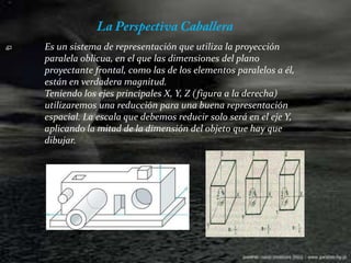 La Perspectiva Caballera Es un sistema de representación que utiliza la proyección paralelaoblicua, en el que las dimensiones del plano proyectante frontal,como las de los elementos paralelos a él, están en verdadera magnitud.Teniendo los ejes principales X, Y, Z (figura a la derecha) utilizaremos una reducción para una buena representación espacial. La escala que debemos reducir solo será en el eje Y, aplicando la mitad de la dimensión del objeto que hay que dibujar.
