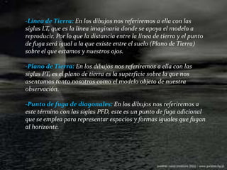 -Línea de Tierra: En los dibujos nos referiremos a ella con las siglas LT, que es la línea imaginaria donde se apoya el modelo a reproducir. Por lo que la distancia entre la línea de tierra y el punto de fuga será igual a la que existe entre el suelo (Plano de Tierra) sobre el que estamos y nuestros ojos.-Plano de Tierra: En los dibujos nos referiremos a ella con las siglas PT, es el plano de tierra es la superficie sobre la que nos asentamos tanto nosotros como el modelo objeto de nuestra observación. -Punto de fuga de diagonales:En los dibujos nos referiremos a este término con las siglas PFD, este es un punto de fuga adicional que se emplea para representar espacios y formas iguales que fugan al horizonte.
