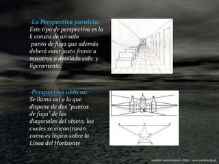 -La Perspectiva paralela:Este tipo de perspectiva es la k consta de un solo punto de fuga que además deberá estar justo frente a nosotros o desviado solo  y ligeramente.-Perspectiva oblicua:Se llama así a la que dispone de dos “puntos de fuga” de las diagonales del objeto, los cuales se encontrarán como es lógico sobre la Línea del Horizonte 