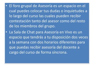 El foro grupal de Asesoría es un espacio en el cual puedes colocar tus dudas o inquietudes a lo largo del curso las cuales pueden recibir contestación tanto del asesor como del resto de los miembros del grupo.La Sala de Chat para Asesoría en Vivo es un espacio que tendrás a tu disposición dos veces a la semana con dos horarios diferentes para que puedas recibir asesoría del docente a cargo del curso de forma síncrona.
