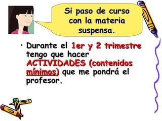 Si paso de curso con la materia suspensa. Durante el  1er y 2 trimestre  tengo que hacer  ACTIVIDADES (contenidos  mínimos )  que me pondrá el profesor. 