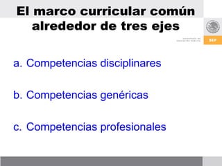 El marco curricular común
   alrededor de tres ejes

a. Competencias disciplinares

b. Competencias genéricas

c. Competen...