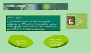 ¡Hola a Todos!
Como recopilación final para este semestre he
realizado este PPT que tiene como finalidad mostrar
los trabajos que he realizado a lo largo del semestre,
para esto los he dividido en dos grupos:




                                             Construcción
        Elaboración
                                             de Objetos de
        Conceptual
                                              Aprendizajes
 