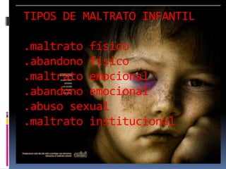EL MALTRATO FISICO
el maltrato infantil es cuando una
persona lastima físicamente a un
niño.
Por ejemplo
.golpear al niño ...