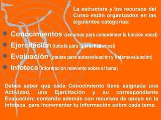 Conocimientos  (recursos para comprender la función vocal) Ejercitación   (tutoría para la práctica vocal) Evaluación  (pautas para autoevaluación y heteroevaluación) Infoteca   (información relevante sobre el tema) La estructura y los recursos del Curso están organizados en las siguientes categorías: Debes saber que cada Conocimiento tiene asignada una Actividad, una Ejercitación y su correspondiente Evaluación; contando además con recursos de apoyo en la Infoteca, para incrementar tu información sobre cada tema. 