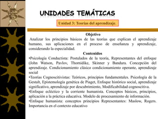 Unidades Temáticas:Unidad 2: Factores y Variables del proceso de enseñanza aprendizaje.ObjetivoAnalizar los factores y variables presentes en el proceso de enseñanza y aprendizaje ContenidosFactores biológicos: Cerebro, sistema nervioso central, Sistema Endocrino.