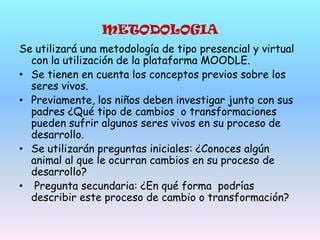 METODOLOGIASe utilizará una metodología de tipo presencial y virtual con la utilización de la plataforma MOODLE.Se tienen en cuenta los conceptos previos sobre los seres vivos.Previamente, los niños deben investigar junto con sus padres ¿Qué tipo de cambios  o transformaciones pueden sufrir algunos seres vivos en su proceso de desarrollo.Se utilizarán preguntas iniciales: ¿Conoces algún animal al que le ocurran cambios en su proceso de desarrollo? Pregunta secundaria: ¿En qué forma  podrías describir este proceso de cambio o transformación?