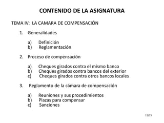 CONTENIDO DE LA ASIGNATURA
TEMA IV: LA CAMARA DE COMPENSACIÓN
   1. Generalidades
        a)   Definición
        b)   Reglamentación
   2. Proceso de compensación
        a)   Cheques girados contra el mismo banco
        b)   Cheques girados contra bancos del exterior
        c)   Cheques girados contra otros bancos locales
   3.   Reglamento de la cámara de compensación
        a)   Reuniones y sus procedimientos
        b)   Plazas para compensar
        c)   Sanciones
                                                           11/15
 