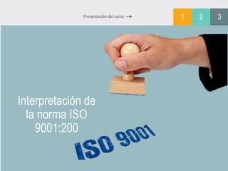 Interpretación de
la norma ISO
9001:200
1 2 3Presentación del curso
 