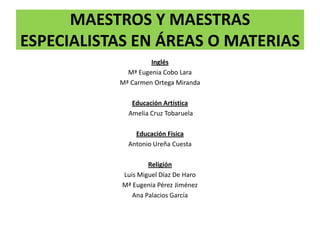 MAESTROS Y MAESTRAS
ESPECIALISTAS EN ÁREAS O MATERIAS
Inglés
Mª Eugenia Cobo Lara
Mª Carmen Ortega Miranda
Educación Artística
Amelia Cruz Tobaruela
Educación Física
Antonio Ureña Cuesta
Religión
Luis Miguel Díaz De Haro
Mª Eugenia Pérez Jiménez
Ana Palacios García
 