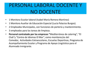 PERSONAL LABORAL DOCENTE Y
NO DOCENTE
• 1 Monitora Escolar laboral (Isabel María Romera Martínez)
• 1 Monitora Auxiliar de Educación Especial (Lucía Palacios Burgos).
• 2 Empleados Municipales, con funciones de portería y mantenimiento.
• 3 empleadas para las tareas de limpieza.
• Personal contratado por las empresas “Mediterránea de catering”, “El
Club”y “Centro de Idiomas El Mar”, como monitores/as del
Comedor, Actividades Extraescolares, Escuelas Deportivas, Programa de
Acompañamiento Escolar y Programa de Apoyo Lingüístico para el
Alumnado Inmigrante.
 
