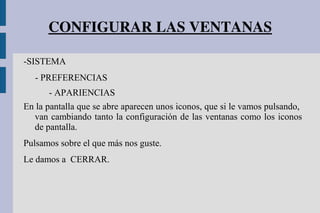 CONFIGURAR LAS VENTANAS
-SISTEMA
- PREFERENCIAS
- APARIENCIAS
En la pantalla que se abre aparecen unos iconos, que si le vamos pulsando,
van cambiando tanto la configuración de las ventanas como los iconos
de pantalla.
Pulsamos sobre el que más nos guste.
Le damos a CERRAR.
 