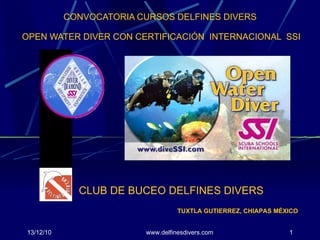 CONVOCATORIA CURSOS DELFINES DIVERS  OPEN WATER DIVER CON CERTIFICACIÓN  INTERNACIONAL  SSI 13/12/10 www.delfinesdivers.com TUXTLA GUTIERREZ, CHIAPAS MÉXICO CLUB DE BUCEO DELFINES DIVERS  