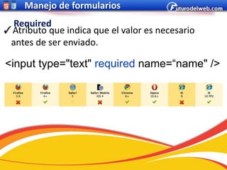Manejo de formularios
  Required
✓Atributo que indica que el valor es necesario
 antes de ser enviado.

<input type="text" required name=“name" />
 