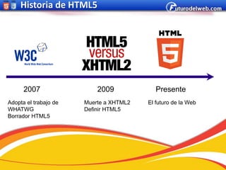 Historia de HTML5




      2007                 2009             Presente
Adopta el trabajo de   Muerte a XHTML2   El futuro de la Web
WHATWG                 Definir HTML5
Borrador HTML5
 