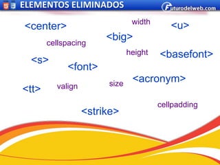 ELEMENTOS ELIMINADOS
                               width
<center>                                  <u>
       cellspacing
                       <big>
                              height   <basefont>
  <s>
            <font>
                       size
                               <acronym>
<tt>     valign

                                       cellpadding
                  <strike>
 