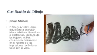 • Dibujo Artístico:
• El Dibujo Artístico utiliza
dibujos para expresar
ideas estéticas, filosóficas
o abstractas. El dibujo de
los objetos visibles
consiste esencialmente
en el registro de las
impresiones recibidas a
travésde la vista.
Clasificación del Dibujo
 