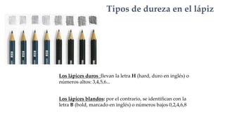 Tipos de dureza en el lápiz
Los lápices duros :llevan la letra H (hard, duro en inglés) o
números altos: 3,4,5,6...
Los lápices blandos: por el contrario, se identifican con la
letra B (bold, marcado en inglés) o números bajos 0,2,4,6,8
 