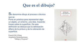 Que es el dibujo?
Se denomina dibujo al proceso o técnica
que se
Pone en práctica para representar algo-
un objeto, un entorno, una idea, trazando
líneas sobre la superficie, De esta
definición se deduce que la delineación
difiere de la pintura y de la coloración de
superficie.
Francis D.K. Ching
Arquitecto Norteamericano
“ Dibujo y Proyecto”
 