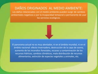 DAÑOS ORIGINADOS AL MEDIO AMBIENTE:
 Los daños relacionados con el medio ambiente pueden surgir de cambios
ambientales negativos o por la incapacidad temporal o permanente de usar
                         los servicios ecológicos.




El panorama actual no es muy alentador, ni en el ámbito mundial, ni en el
  ámbito nacional: efecto invernadero, destrucción de la capa de ozono,
   aumento de los incendios forestales, escasez y contaminación de los
    recursos hídricos, cambios climáticos, mala distribución de recursos
       alimentarios, extinción de especies vegetales y animales, etc.
 