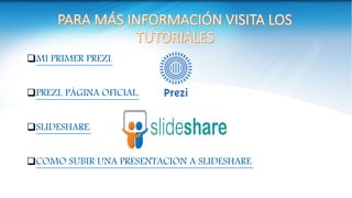 MI PRIMER PREZI.
PREZI, PÁGINA OFICIAL.
SLIDESHARE.
COMO SUBIR UNA PRESENTACIÓN A SLIDESHARE.
 