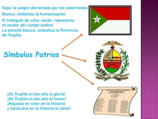 Rojo: la sangre derramada por los coterráneos
Blanco: simboliza la humanización
El triángulo de color verde: representa
el verdor del campo andino
La estrella blanca: simboliza la Provincia
de Trujillo

Símbolos Patrios

¡De Trujillo es tan alta la gloria!
¡De Trujillo es tan alto el honor!
¡Niquitao es valor en la historia
y Santa Ana en la historia es amor!

 