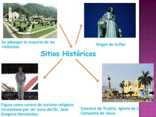 Se albergan la mayoría de los
visitantes

Virgen de la Paz

Sitios Históricos

Figura como centro de turismo religioso
venezolano por ser cuna del Dr. José
Gregorio Hernández.

Catedral de Trujillo. Iglesia de la
Compañía de Jesús

 