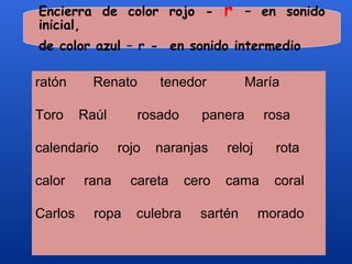 Encierra de color rojo -            r   – en sonido
inicial,
de color azul – r - en sonido intermedio

ratón       Renato      tenedor          María

Toro    Raúl        rosado      panera     rosa

calendario     rojo    naranjas     reloj      rota

calor     rana     careta    cero    cama    coral

Carlos     ropa    culebra     sartén     morado  

          
 