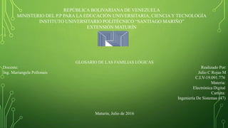 REPÚBLICA BOLIVARIANA DE VENEZUELA
MINISTERIO DEL P.P PARA LA EDUCACIÓN UNIVERSITARIA, CIENCIA Y TECNOLOGÍA
INSTITUTO UNIVERSITARIO POLITÉCNICO “SANTIAGO MARIÑO”
EXTENSIÓN MATURÍN
GLOSARIO DE LAS FAMILIAS LÓGICAS
Docente: Realizado Por:
Ing. Mariangela Pollonais Julio C Rojas M
C.I.V-19.091.776
Materia:
Electrónica Digital
Carrera:
Ingeniería De Sistemas (47)
Maturín, Julio de 2016
 