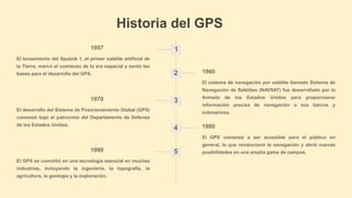 Historia del GPS
1
1957
El lanzamiento del Sputnik 1, el primer satélite artificial de
la Tierra, marcó el comienzo de la era espacial y sentó las
bases para el desarrollo del GPS. 2 1960
El sistema de navegación por satélite llamado Sistema de
Navegación de Satélites (NAVSAT) fue desarrollado por la
Armada de los Estados Unidos para proporcionar
información precisa de navegación a sus barcos y
submarinos.
3
1970
El desarrollo del Sistema de Posicionamiento Global (GPS)
comenzó bajo el patrocinio del Departamento de Defensa
de los Estados Unidos.
4 1980
El GPS comenzó a ser accesible para el público en
general, lo que revolucionó la navegación y abrió nuevas
posibilidades en una amplia gama de campos.
5
1990
El GPS se convirtió en una tecnología esencial en muchas
industrias, incluyendo la ingeniería, la topografía, la
agricultura, la geología y la exploración.
 
