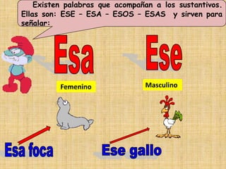 Existen palabras que acompañan a los sustantivos.
Ellas son: ESE – ESA – ESOS – ESAS y sirven para
señalar:




          Femenino              Masculino
 