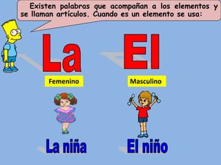 Existen palabras que acompañan a los elementos y
se llaman artículos. Cuando es un elemento se usa:




       Femenino            Masculino
 